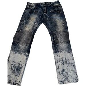 Nobel Jeans Adult 38x34Blue Dark Wash Moto Zippers Bleached